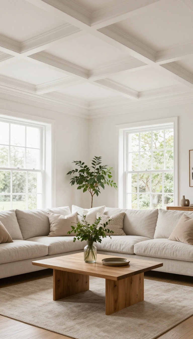 Bright living room with a white coffered ceiling and crown molding framing each recessed panel