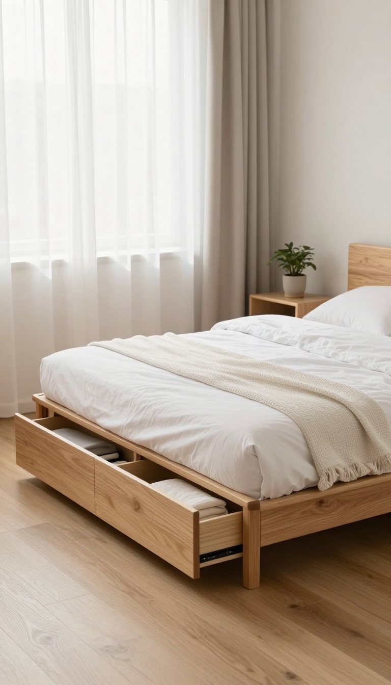 Low platform bed with built-in under-bed drawers in a bright small square bedroom
