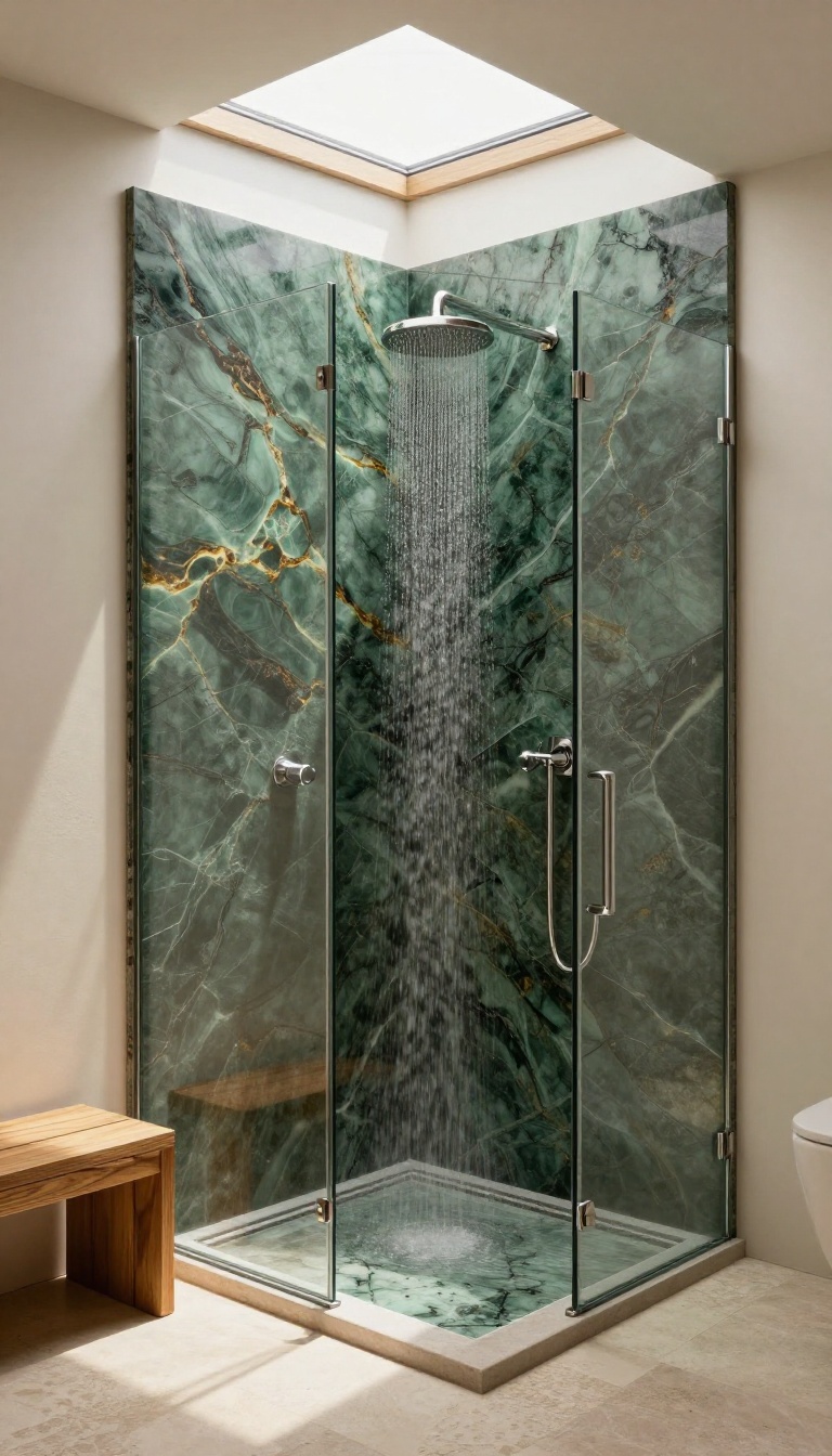 Walk-in onyx shower with skylight, glowing stone, and natural light