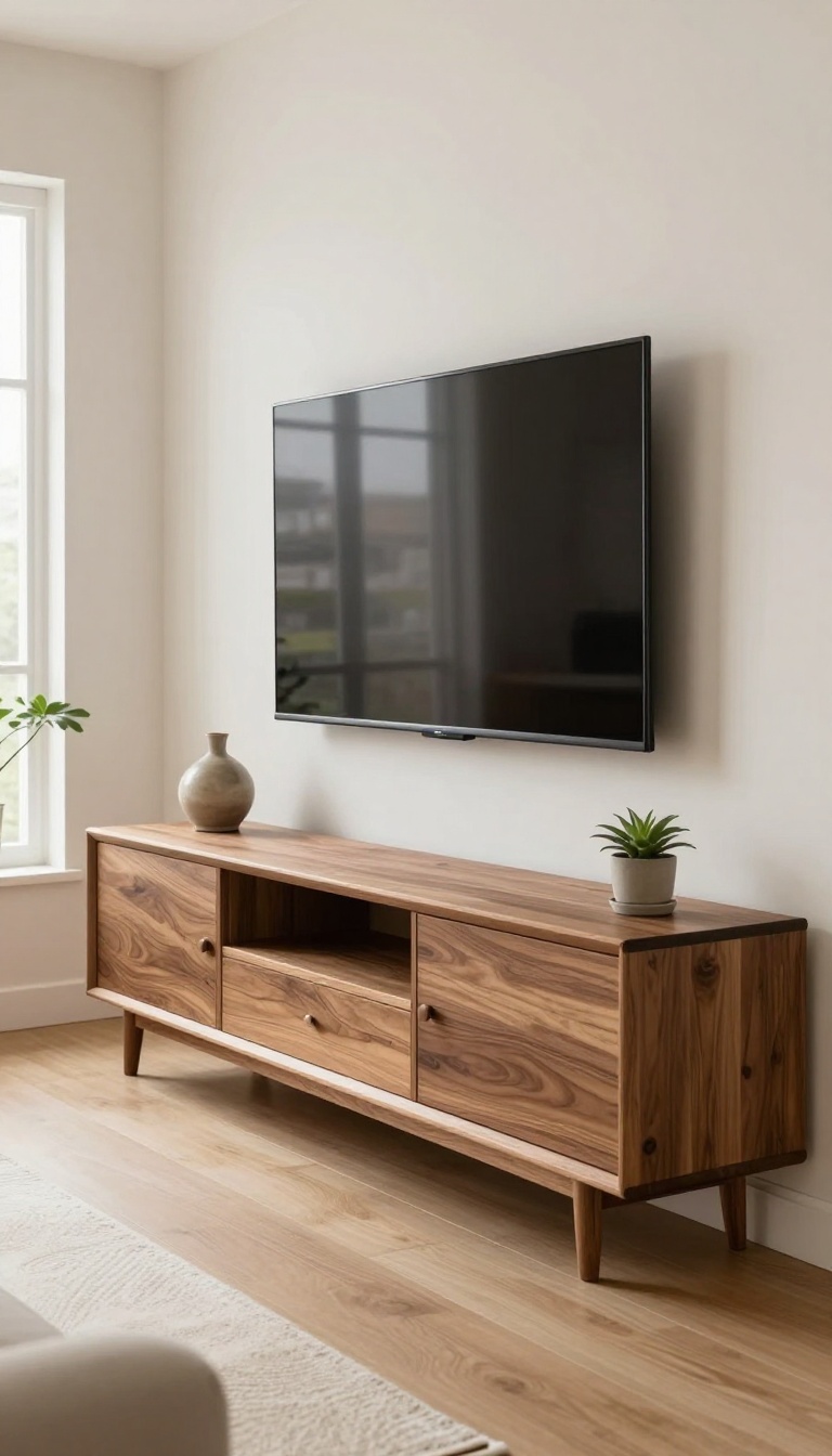 Custom built-in walnut wooden TV stand with hidden cable management in a bright warm living room