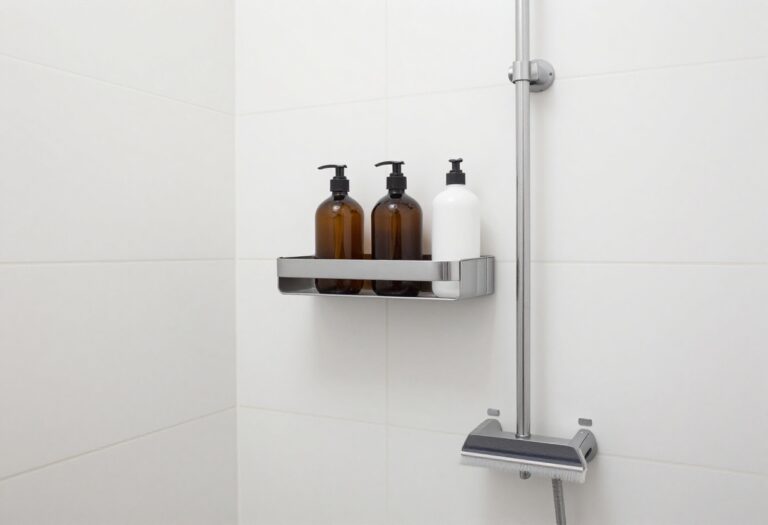 A tidy small shower with organized shelves and a hanging caddy.