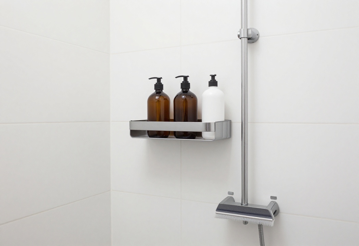 A tidy small shower with organized shelves and a hanging caddy.