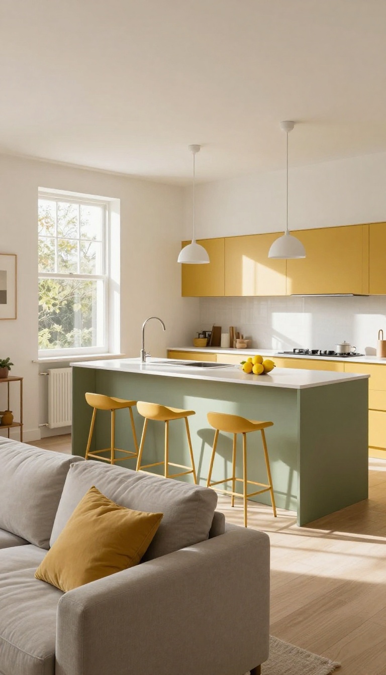 Open-plan living room and kitchen with a cohesive sage green, warm white, and mustard color palette, featuring a gray sofa with mustard pillows and matching bar stools at the island.