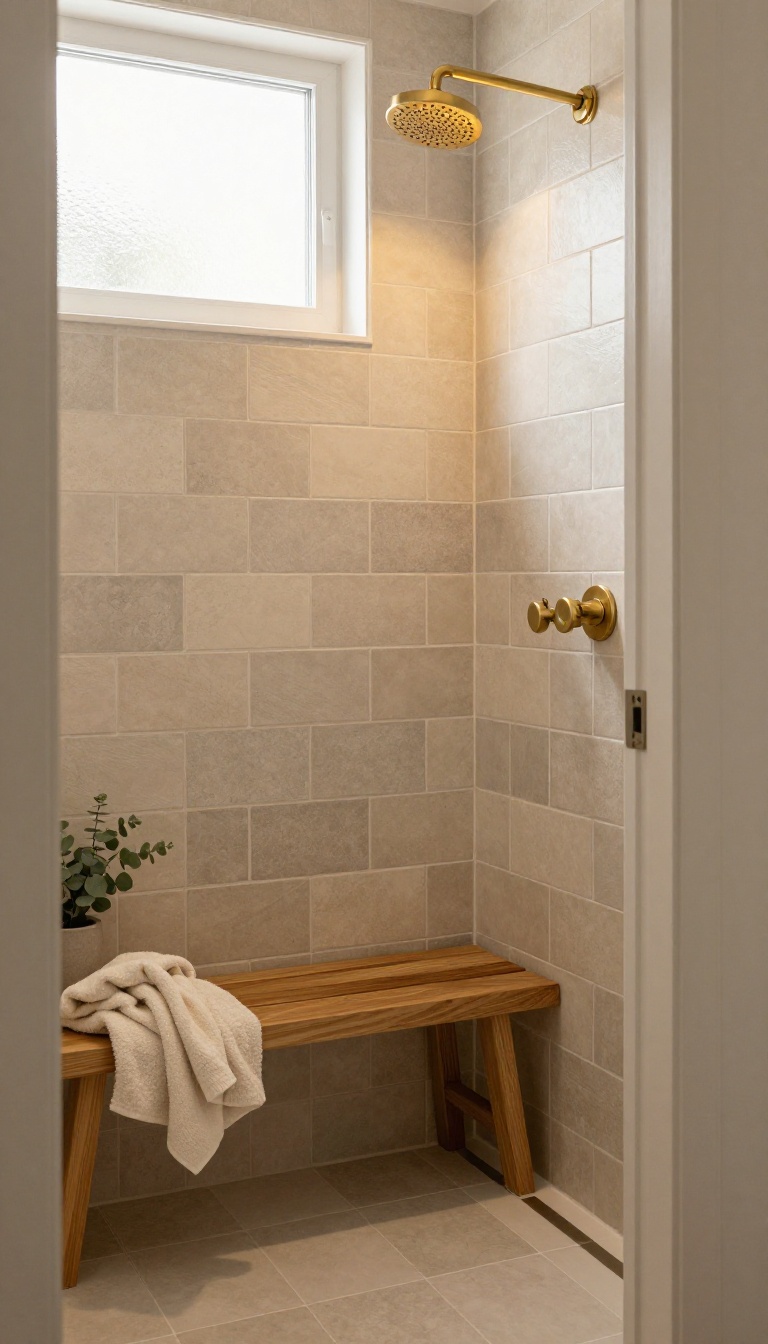 Warm-toned beige and greige shower stall with teak bench, cedar niche, brass fixtures, and soft natural light