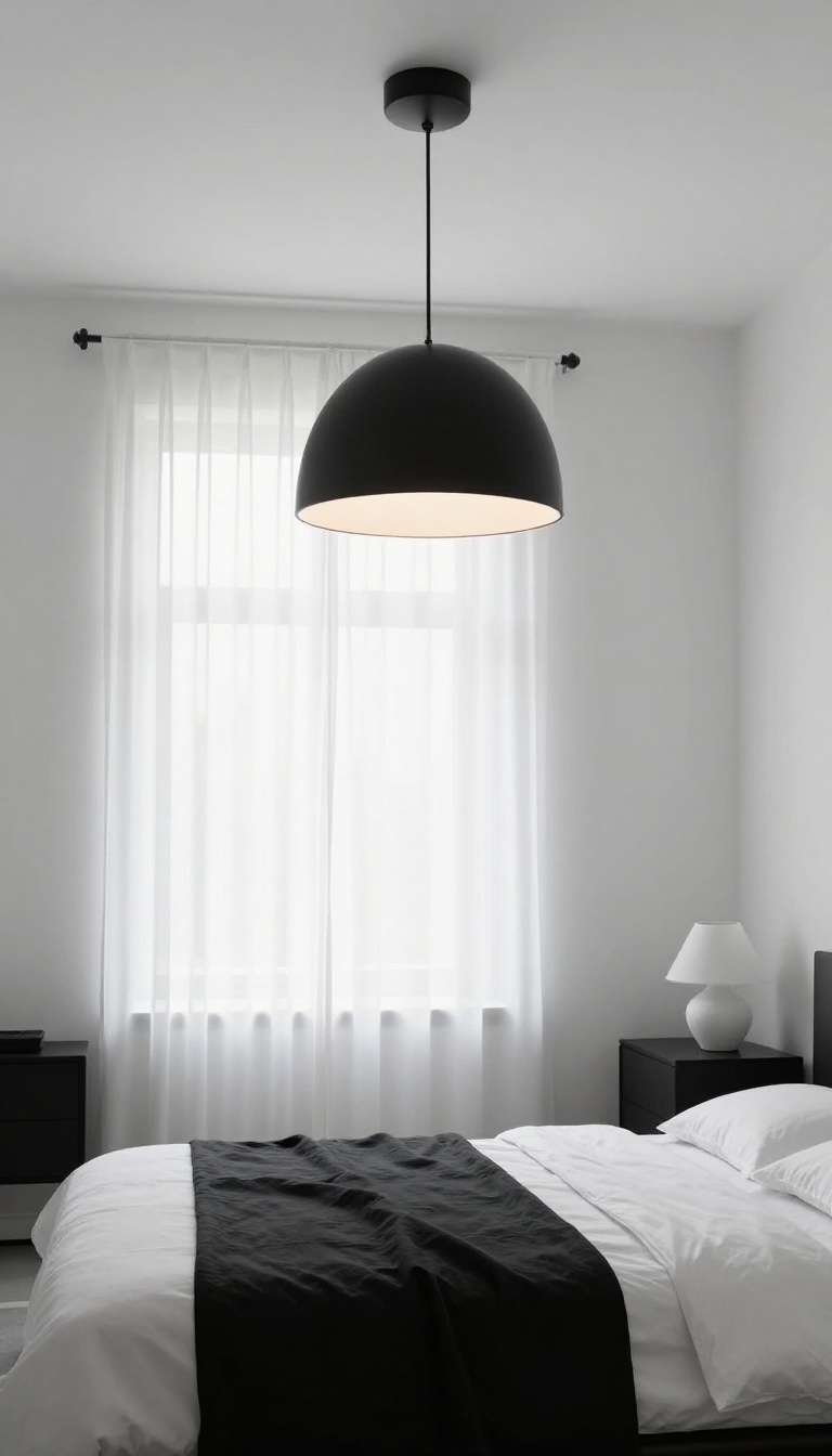Black and white minimalist bedroom with an oversized matte black dome pendant light as the focal point above a white bed
