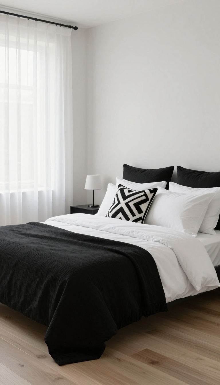 Black and white bedding set on a minimalist bed with a white duvet, black throw blanket, and geometric patterned pillows in a bright modern bedroom