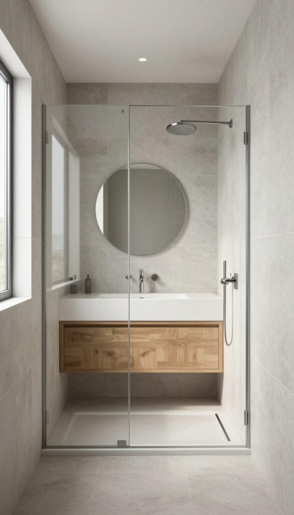 A minimalist bathroom with a frameless glass shower panel, open on one side, featuring a rainfall showerhead and natural light