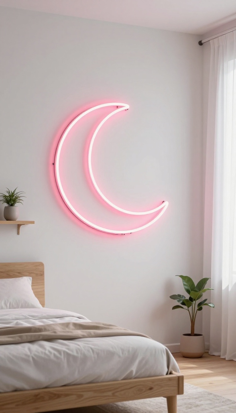 Bedroom with a glowing crescent moon LED neon sign above a minimalist bed in bright natural light