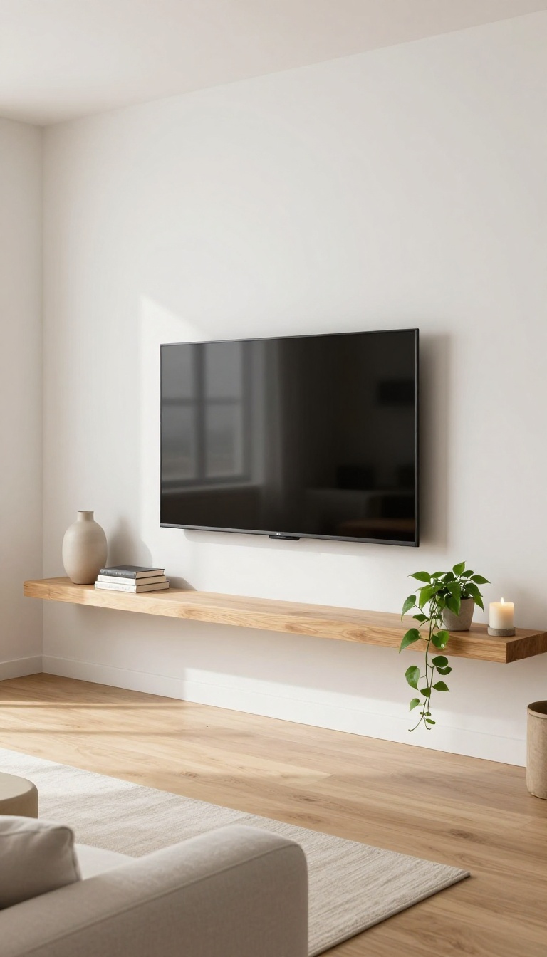 Bright living room with a wall-mounted TV and one long floating wood shelf above it styled with a tall vase, books, a trailing pothos plant, and a candle