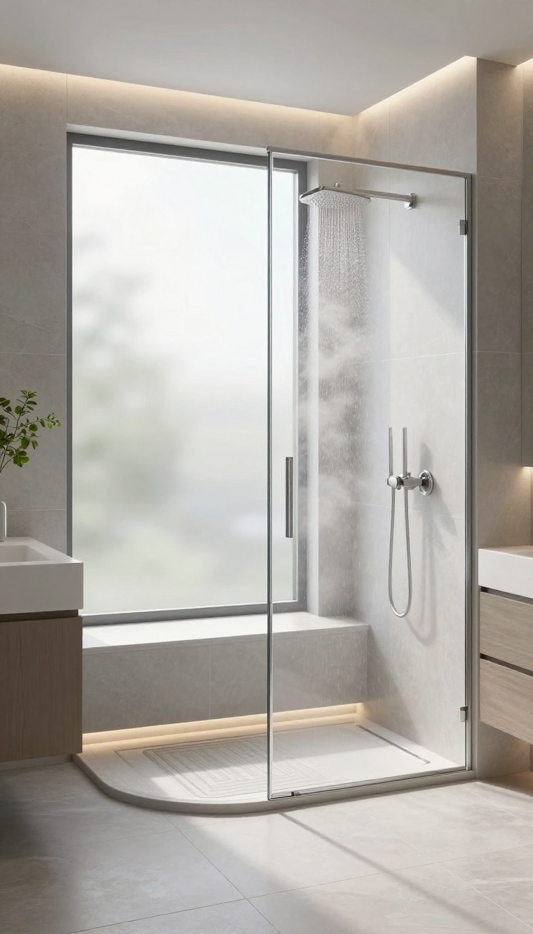 Modern wet room with heated floors, rain shower, and natural light