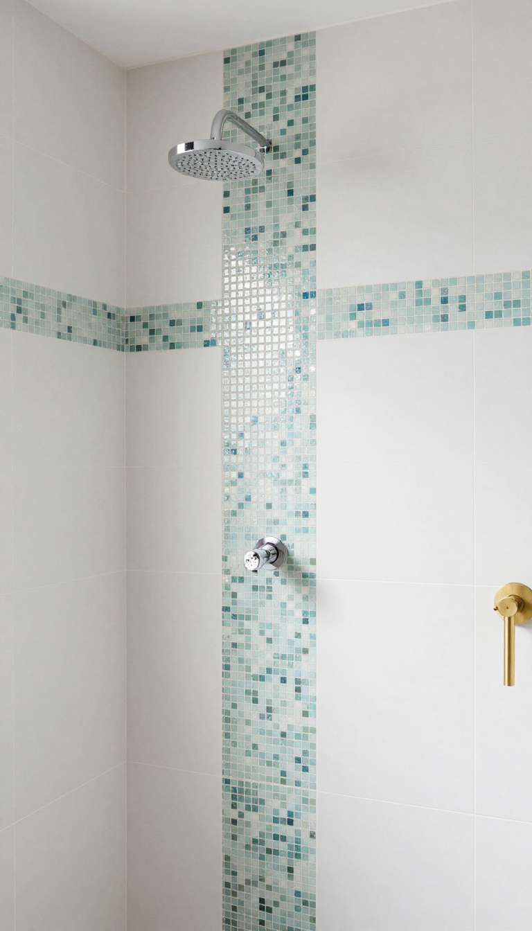 Modern shower with a narrow horizontal iridescent glass mosaic accent strip running at chest height across large white wall tiles, aligned with a recessed niche in bright natural light