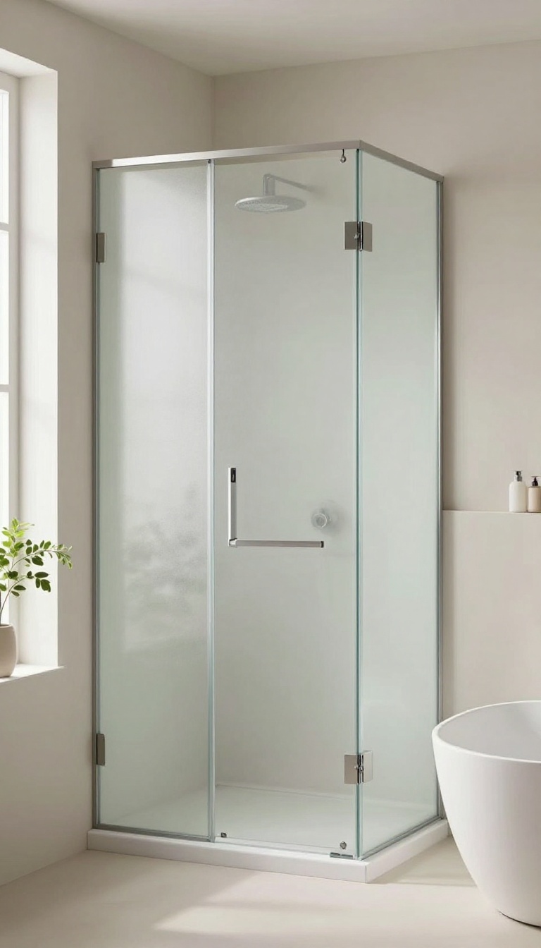 Modern bathroom with a frosted glass shower door that softly diffuses light, creating a calm and private atmosphere.