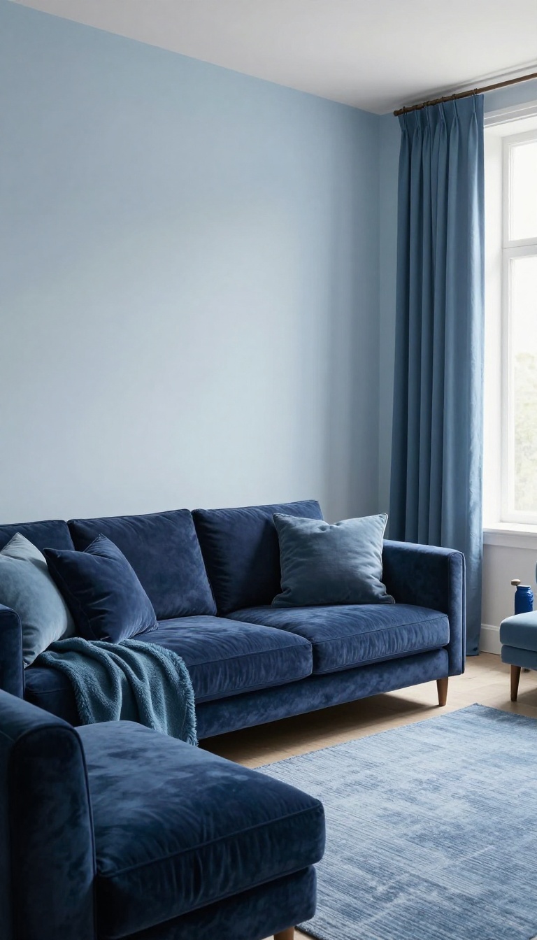 Monochromatic blue living room with a navy blue couch layered with mid-tone blue pillows and a pale blue wall backdrop