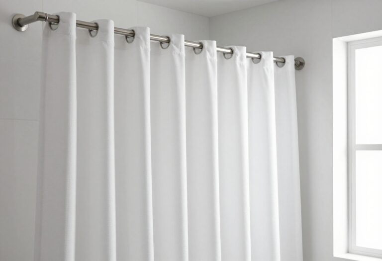 Modern bathroom with a curved shower curtain rod and white curtain