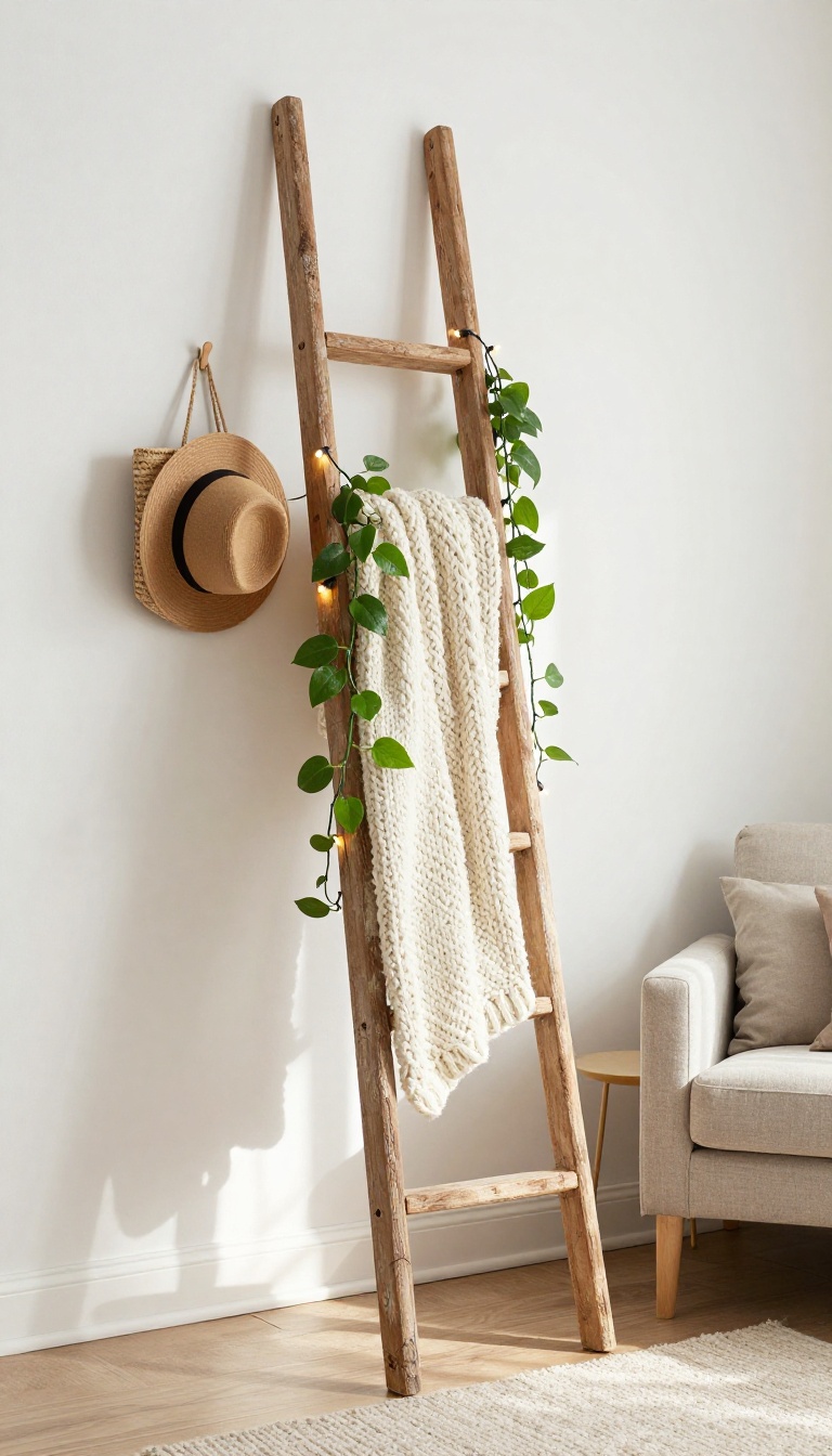 Wooden ladder used as a slim living room divider with a draped blanket, hanging plants, and fairy lights beside a cozy reading nook in a bright small space