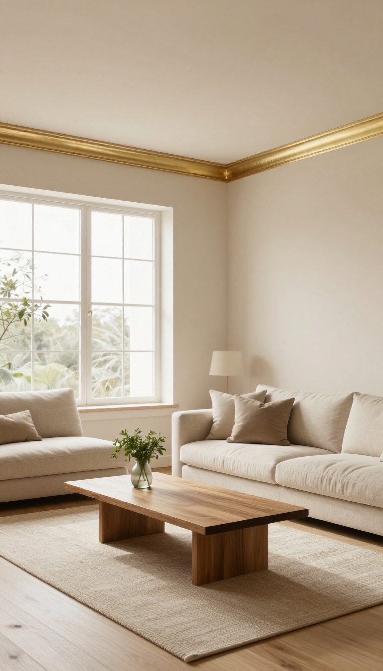 Living room with shiny brass metallic crown molding along the ceiling reflecting natural light above cream walls and neutral furniture