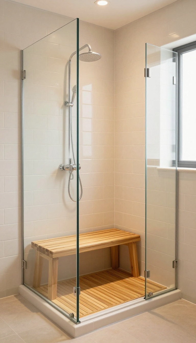 Small standing shower with neutral beige tiles, teak wood bench, and bamboo mat in warm natural light