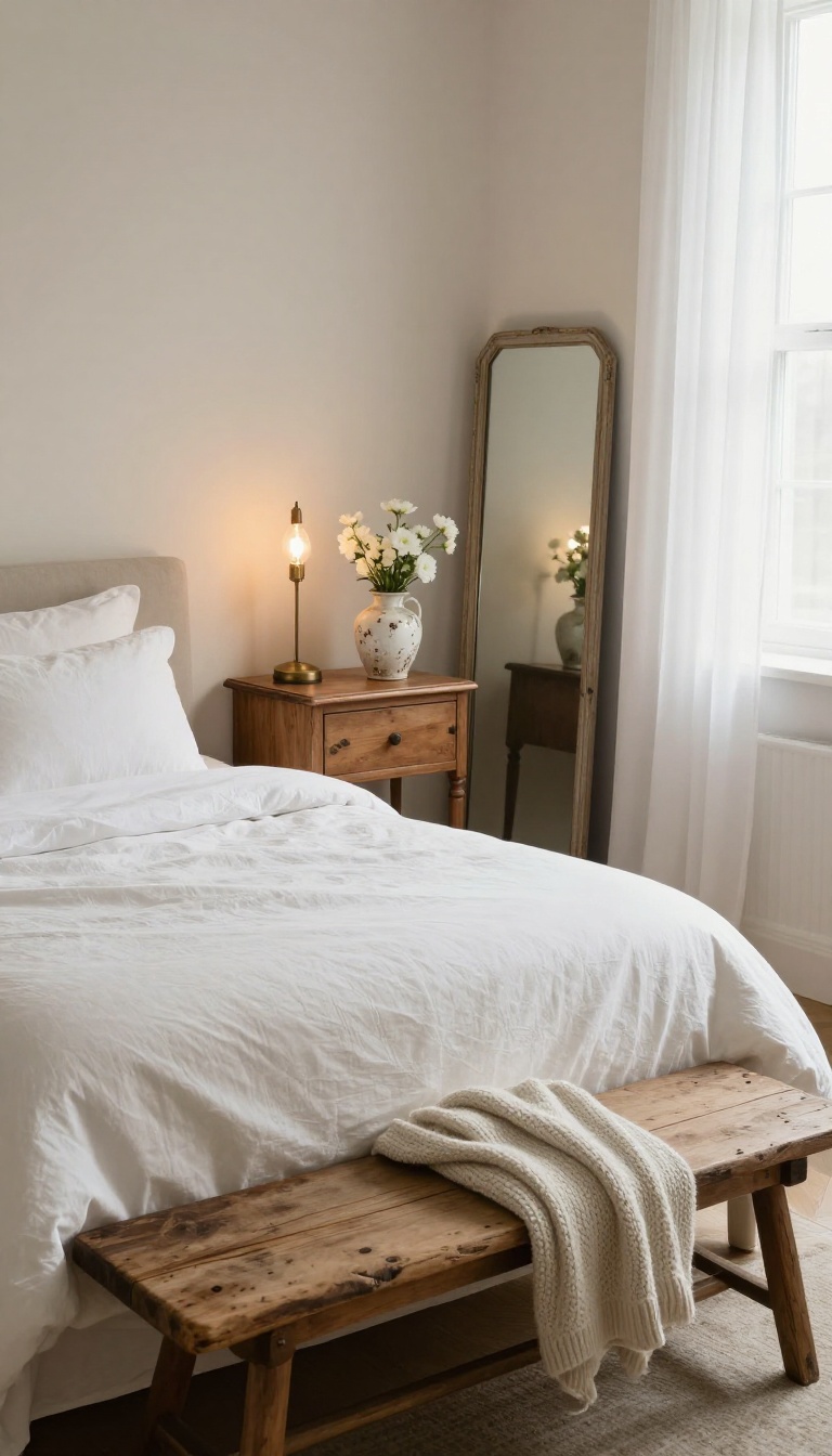 Cozy classic bedroom with a crisp white bed, vintage wooden nightstand with brass lamp, weathered bench at the foot of the bed, and a distressed antique mirror in bright natural light