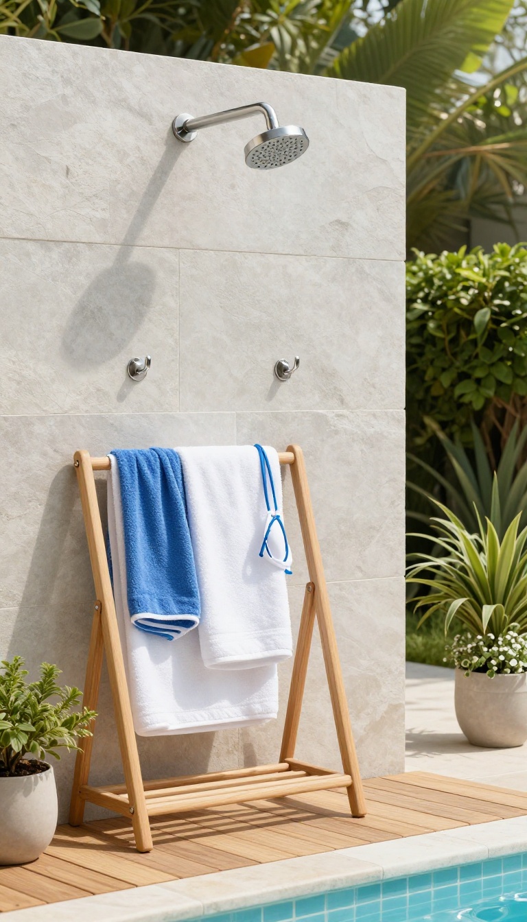 Outdoor pool shower with towel hooks and drying rack nearby