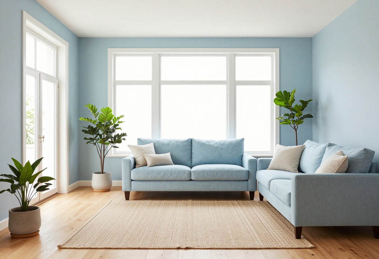 Light blue living room with a sofa, wood floors, and large windows.