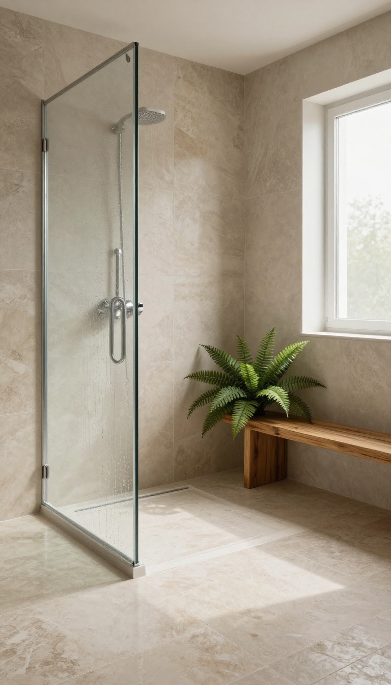 Walk-in shower with neutral stone-look floor tiles, teak bench, and green plants, creating a spa-like bathroom.