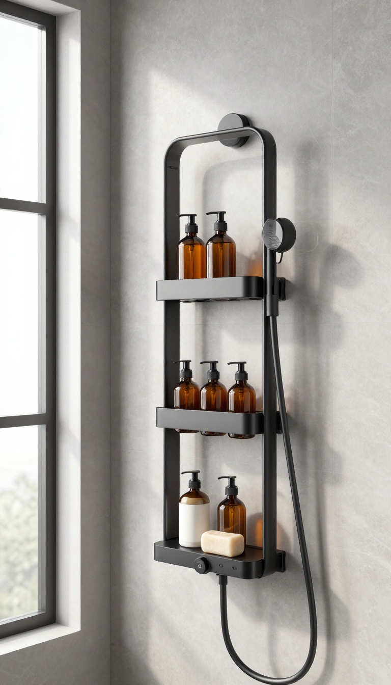 A sleek matte black magnetic shower rack mounted on a metal shower wall, holding amber glass bottles and a soap bar, in a bright, modern bathroom.