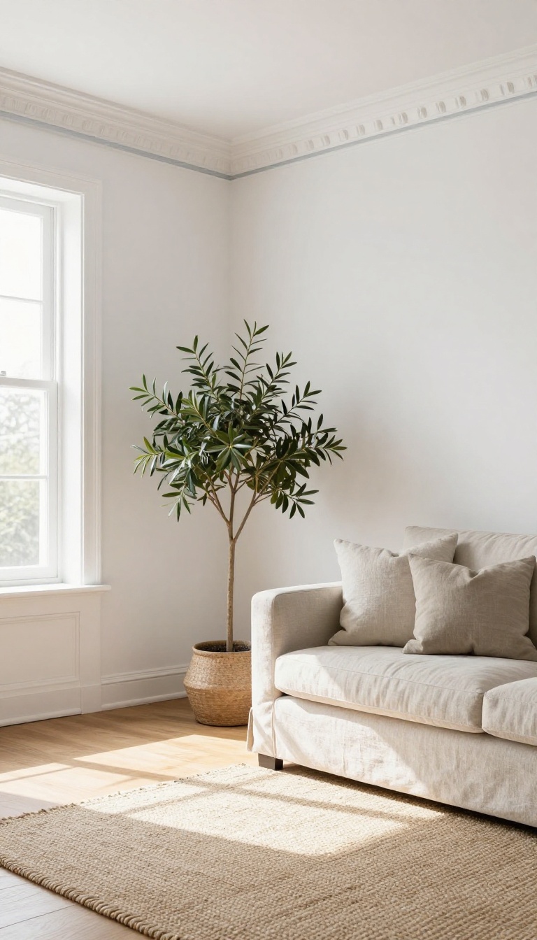 Bright living room with white crown molding featuring a thin pale gray painted accent line along the edge
