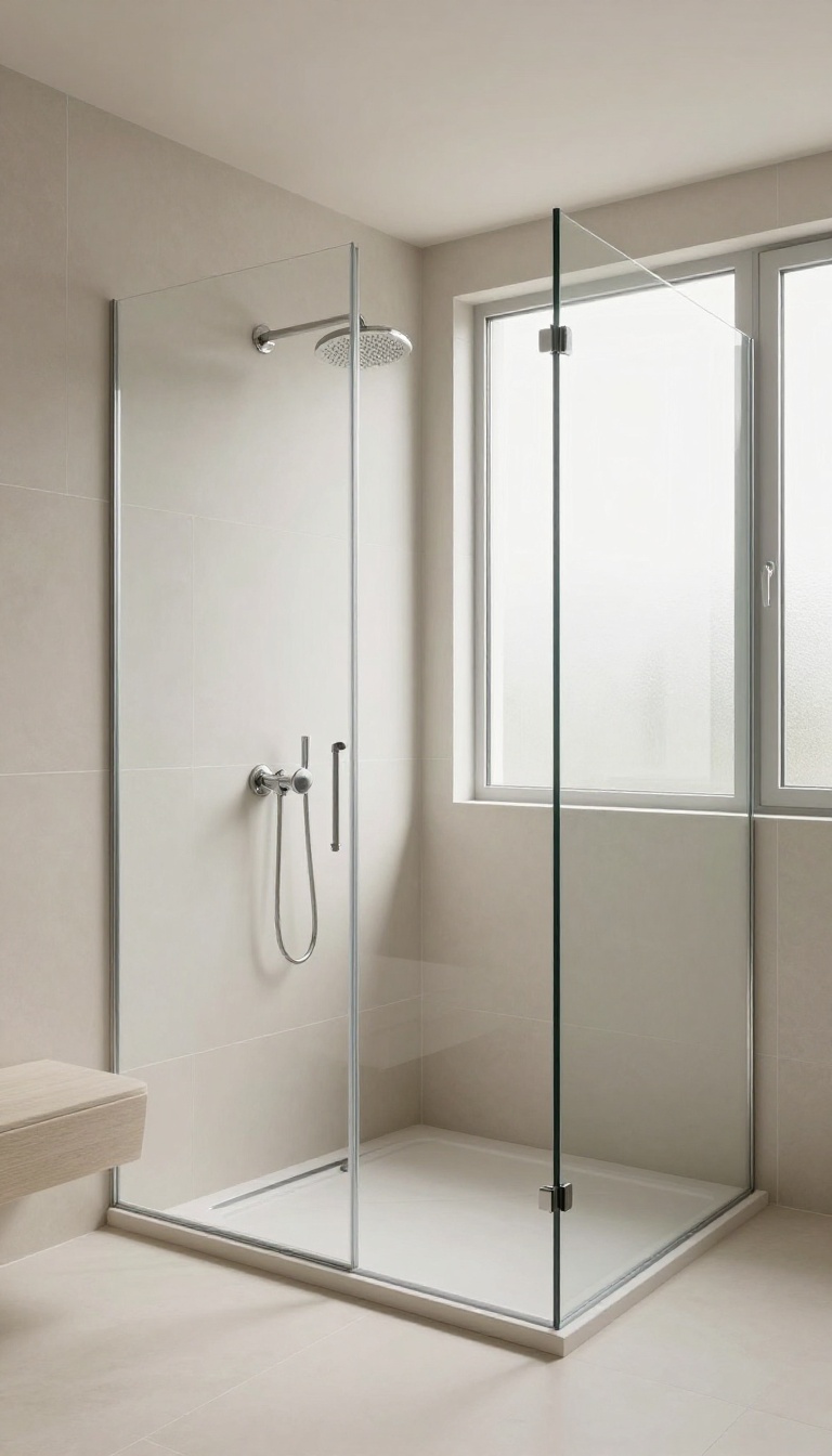 Modern walk-in shower with frameless glass enclosure and neutral tile