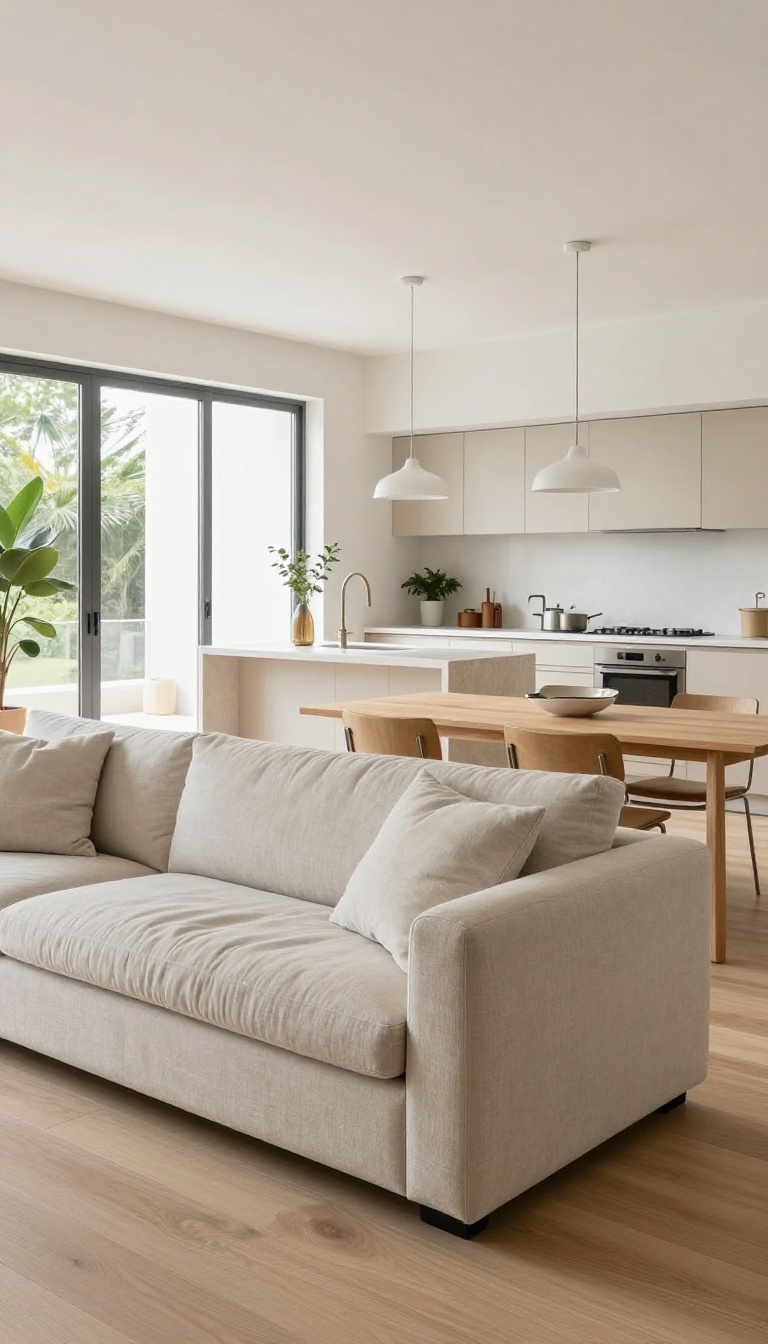Open-plan living room and kitchen with a low-profile sofa and slim dining chairs preserving clear sightlines