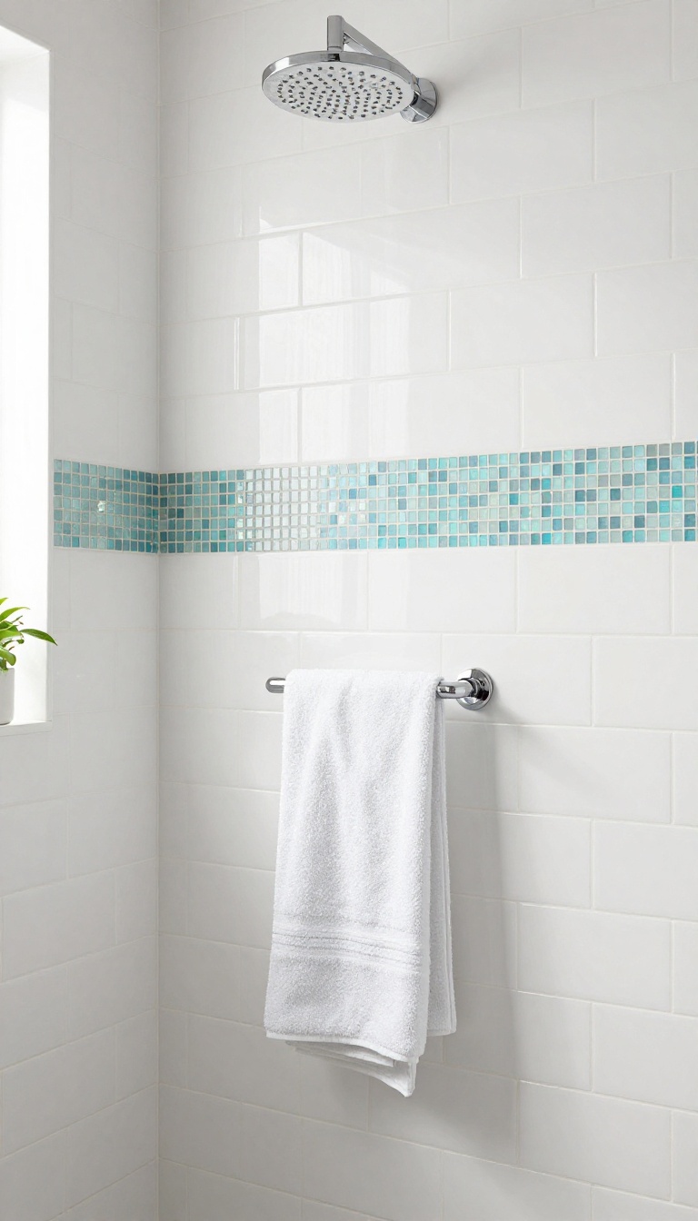 Bright modern shower with a horizontal iridescent glass mosaic accent strip set into white subway tile below a chrome showerhead