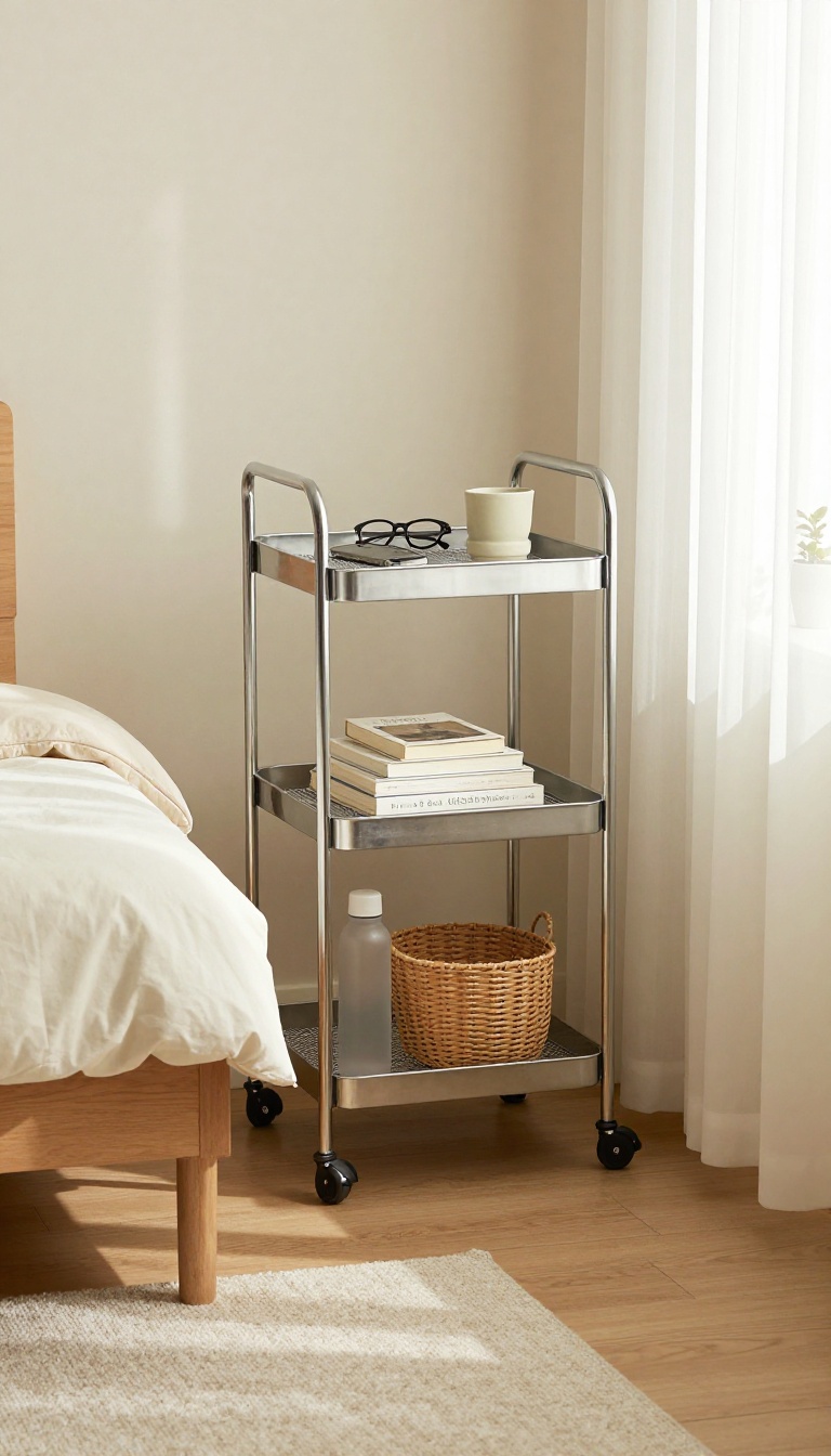 Slim three-tier rolling cart tucked into the narrow gap between a bed and the wall in a tiny bright bedroom, holding a phone, glasses, books, and a water bottle