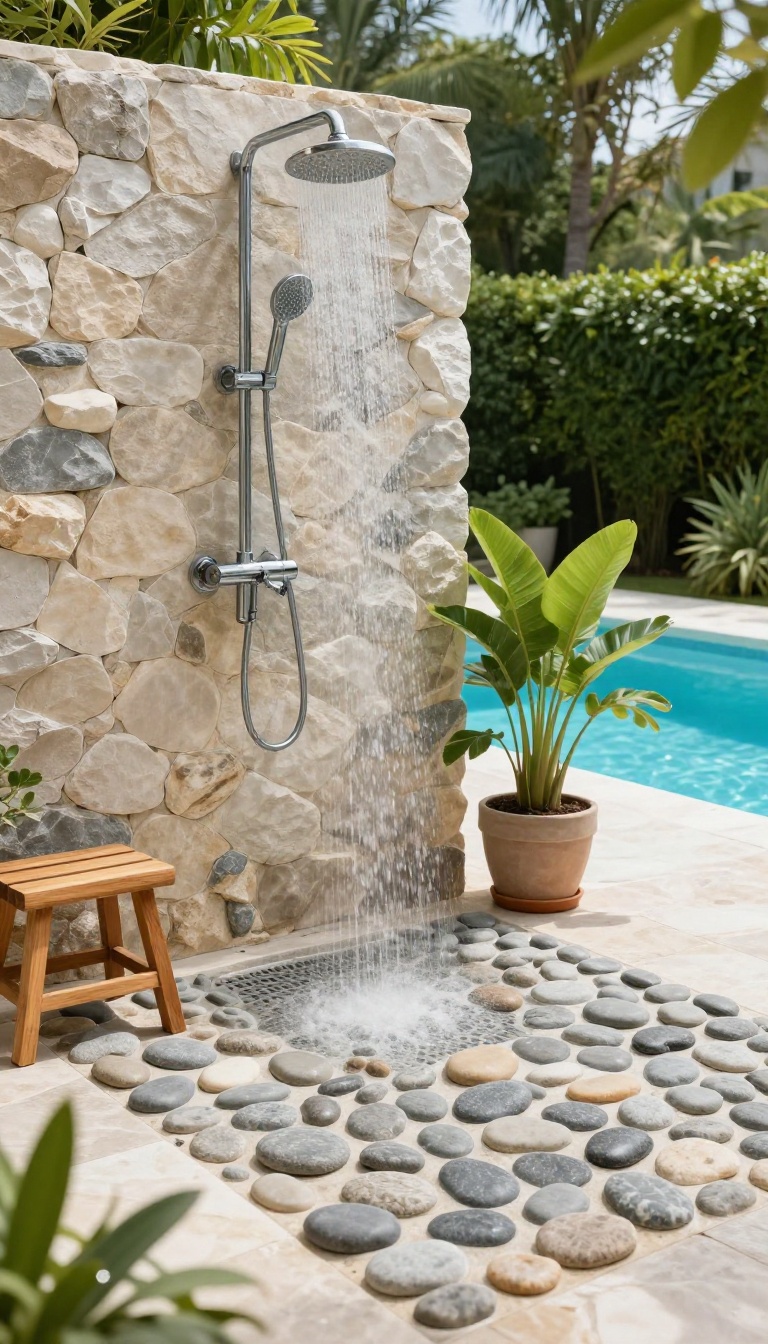 Outdoor pool shower with pebble stone floor and natural stone wall, surrounded by lush greenery and a pool in the background.