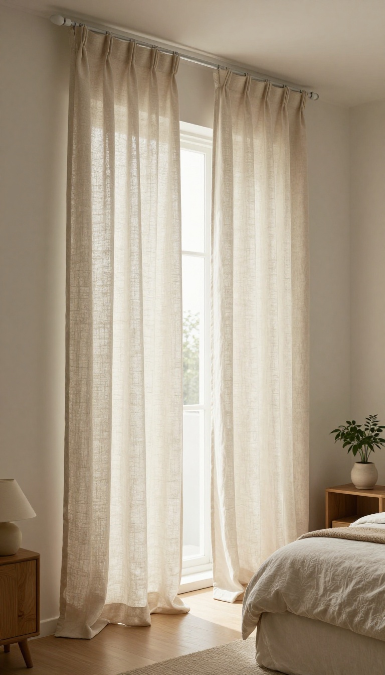 Bright studio bedroom divided by a linen curtain on a ceiling track creating a private sleeping nook