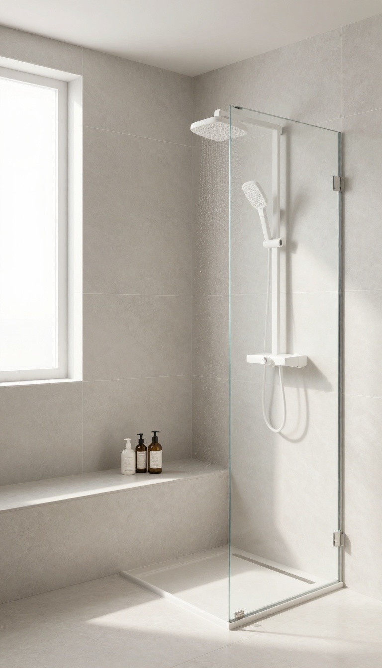 Modern basement shower with a built-in tiled corner bench, glass enclosure, and rainfall showerhead in bright natural light.