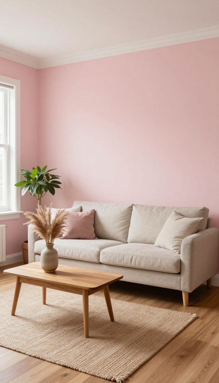Cozy apartment living room with soft blush pink walls, white trim, warm wood floors, and a neutral sofa in bright natural light