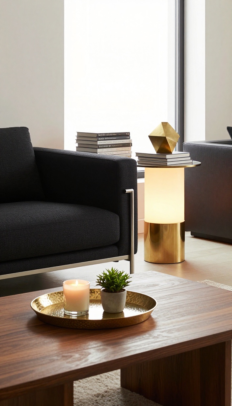 Living room with a black couch styled with brass and gold metallic accents, including a tray, lamp base, and small sculptural decor reflecting natural light.