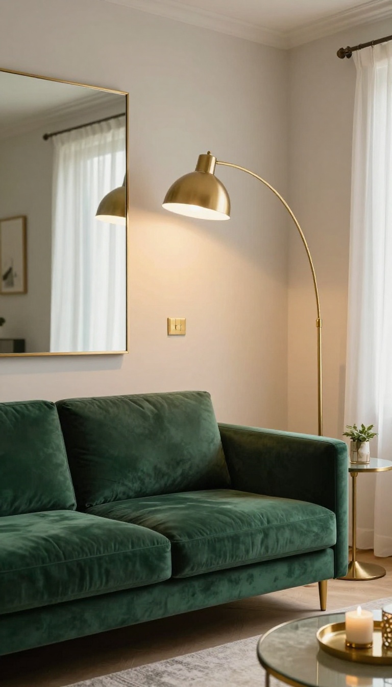 Green velvet couch in a bright living room styled with brass arc lamp, gold-framed mirror, and glass-topped brass side table for warm metallic glam
