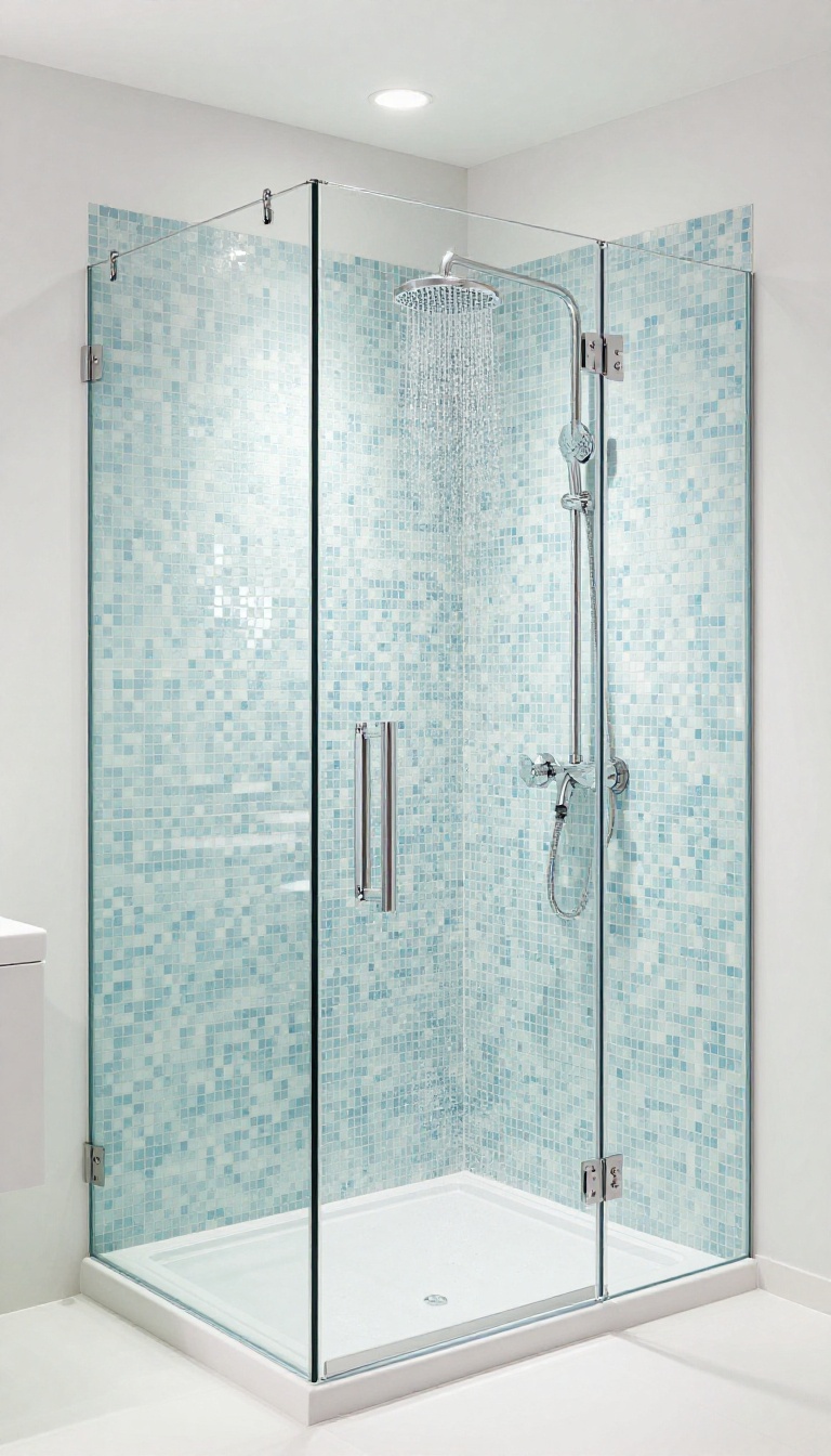 Crystal-clear low-iron glass shower door showcasing a beautiful mosaic tile wall in a bright, modern bathroom