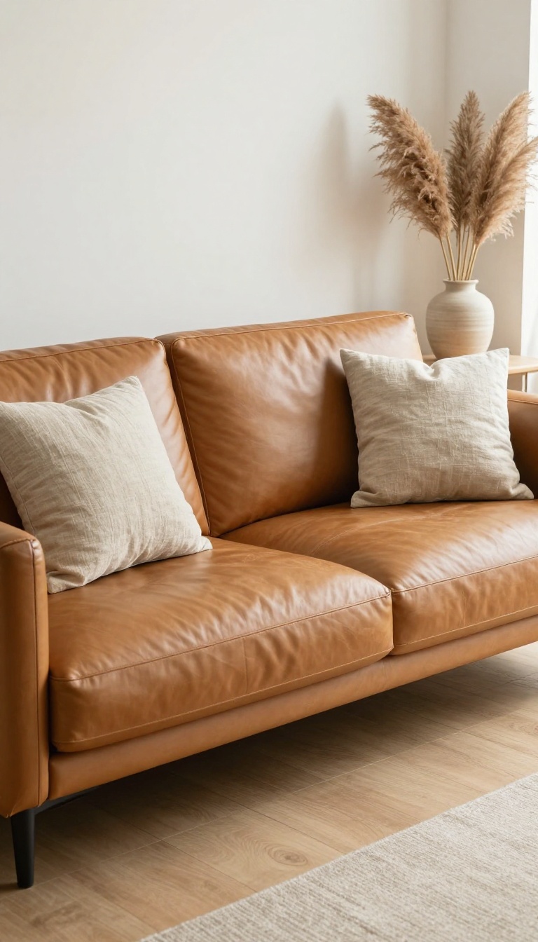 Caramel leather couch styled with two neutral linen pillows in a bright, airy living room