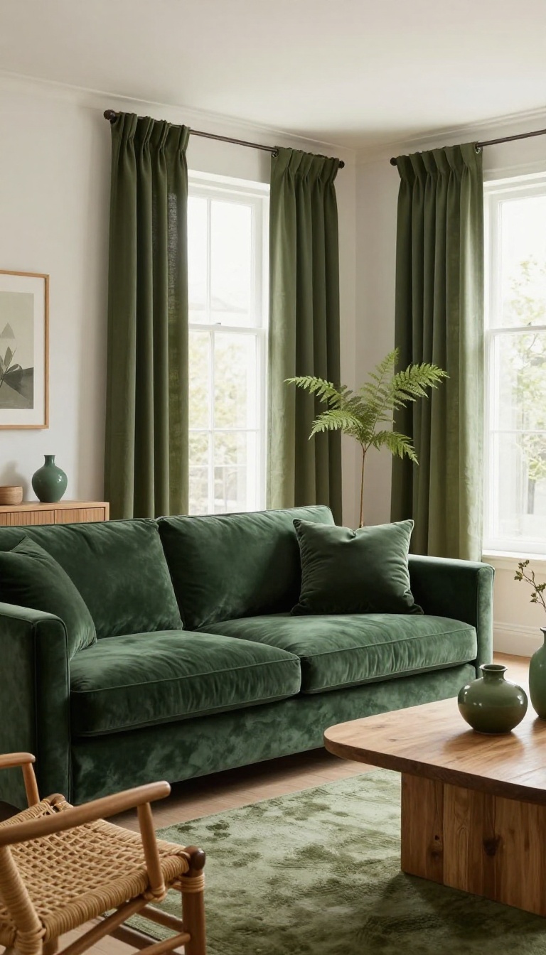 Monochrome green living room with a forest green velvet couch, sage walls, olive rug, and layered green textures in bright natural light