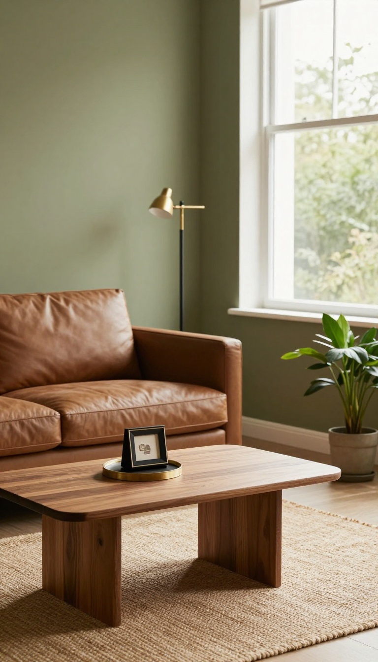 Living room with soft olive green walls, brown leather sofa, walnut coffee table, and bright natural light