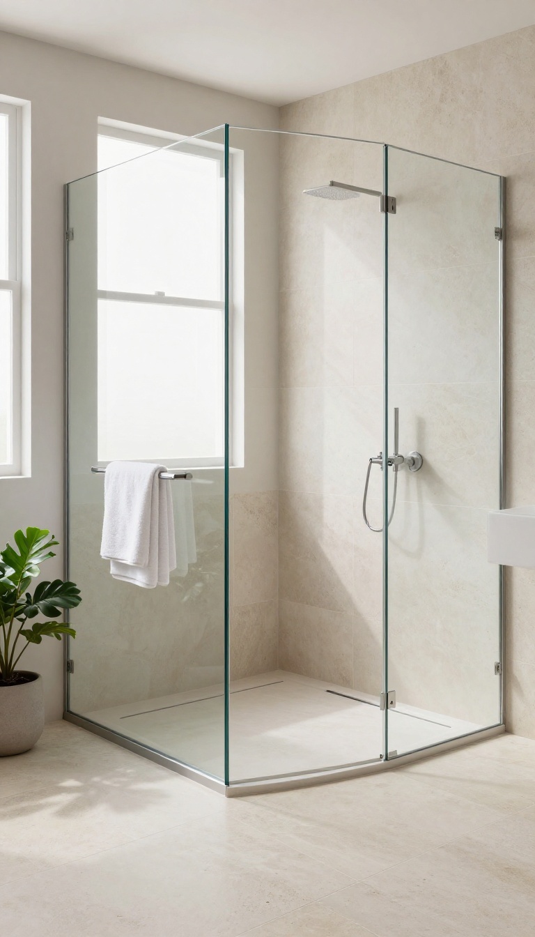 Curbless corner shower with full-height frameless glass panels and a seamless flush tile floor in a bright modern bathroom
