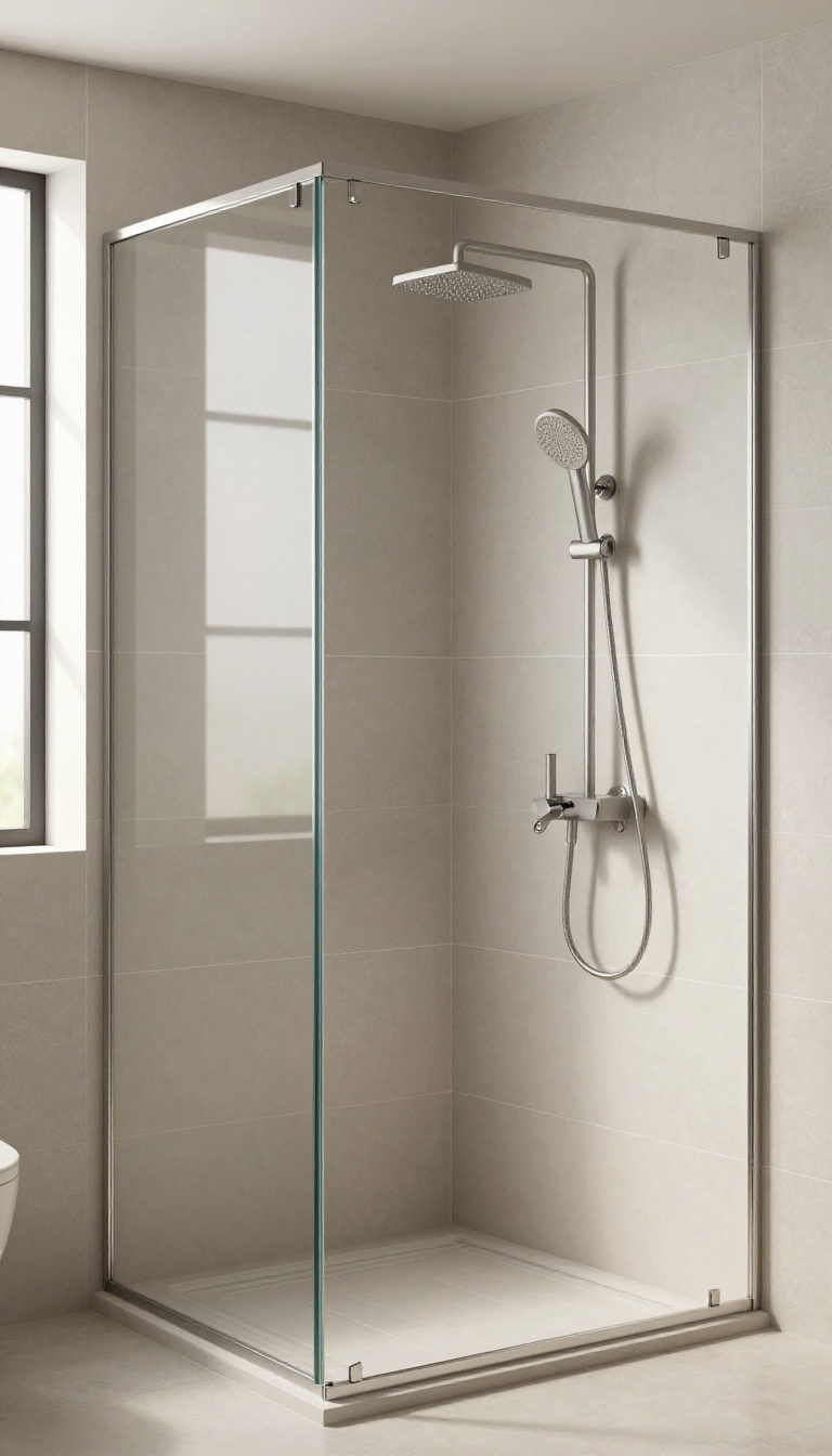 Modern corner shower with large-format gray tiles and minimal grout lines, creating a seamless and spacious look.