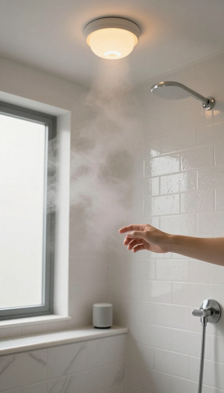 Modern shower with a ceiling smart bulb glowing warmly and a smart speaker on a nearby counter, suggesting hands-free voice-controlled bathroom lighting