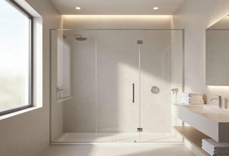 Modern Bloxburg bathroom with a clean glass walk-in shower, gray tile, and warm lighting