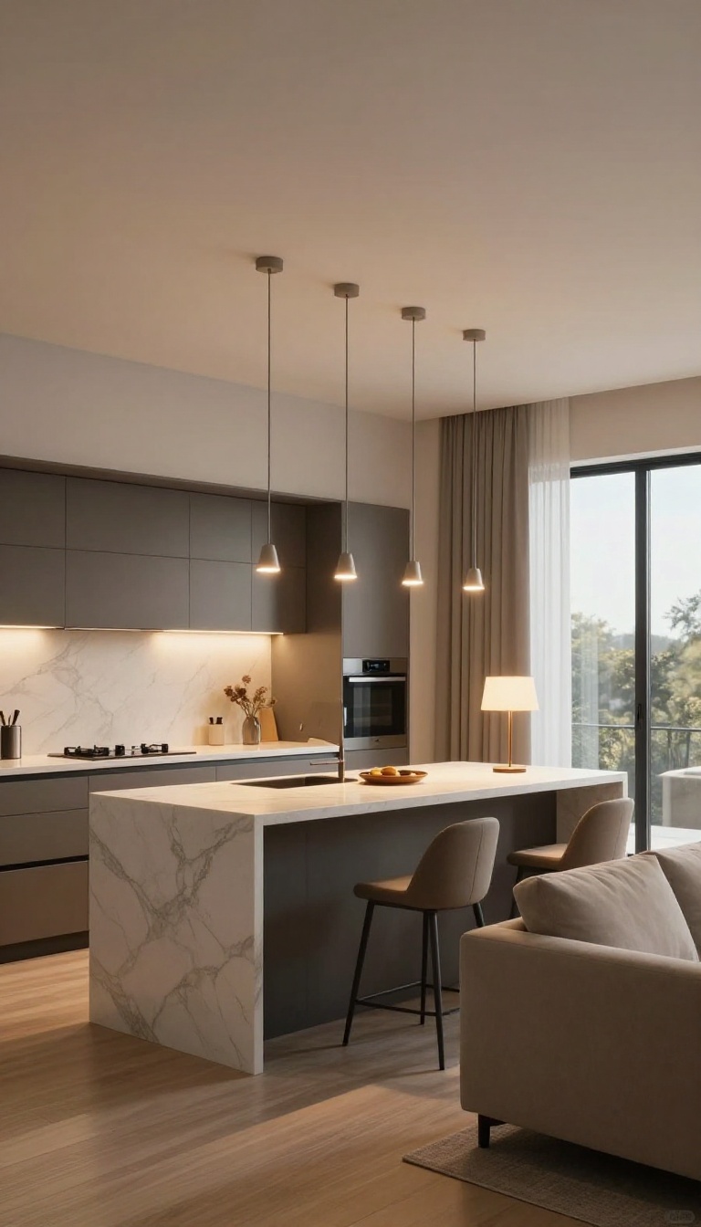 Open-concept kitchen and living room with layered lighting, pendant lights over the island and a floor lamp beside the sofa creating distinct zones