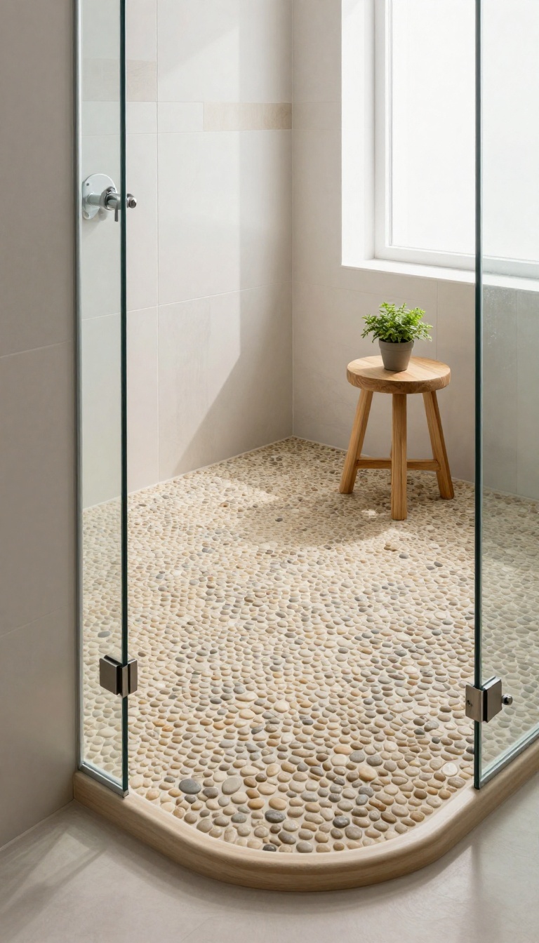 Walk-in shower with pebble tile floor in warm neutral tones, natural light, and spa-like ambiance