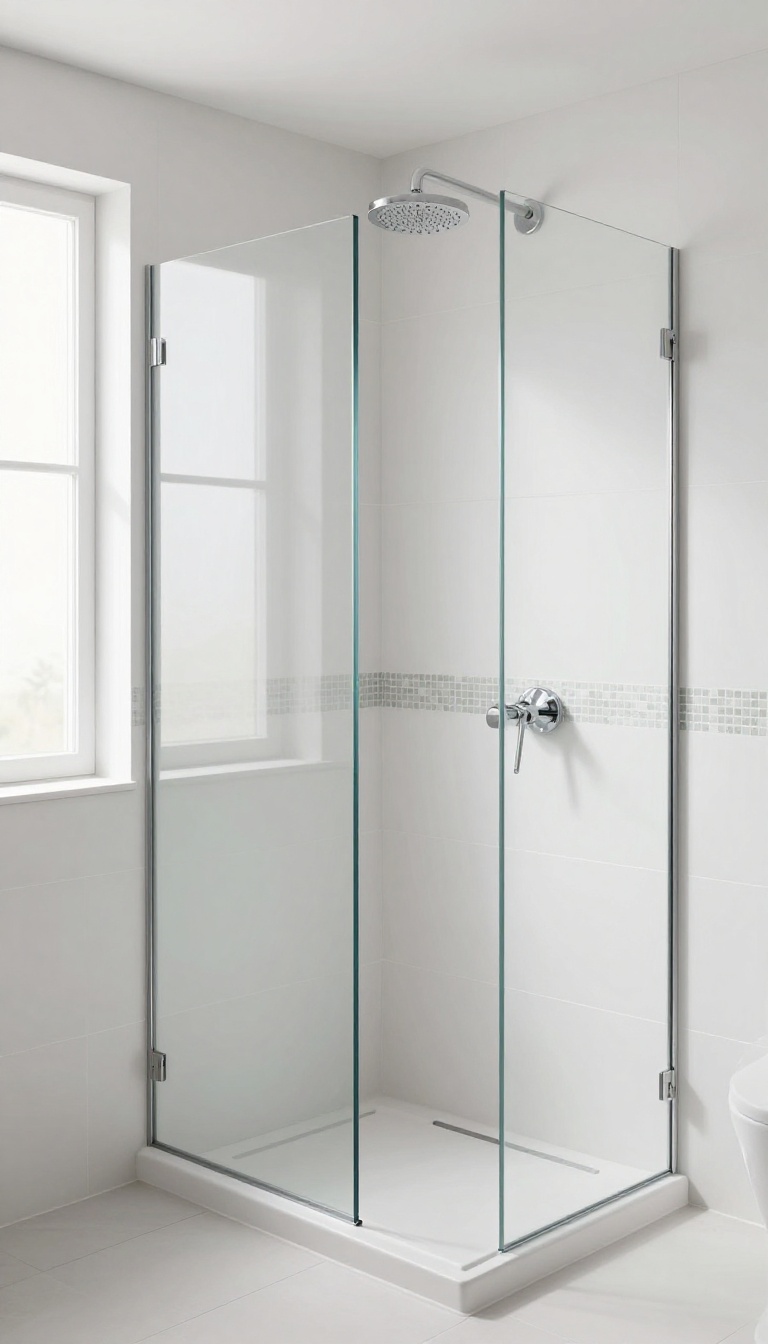 Modern walk-in shower with a horizontal glass mosaic accent tile band at eye level between large matte white porcelain tiles, a recessed niche, and a chrome rainfall showerhead in bright natural light.