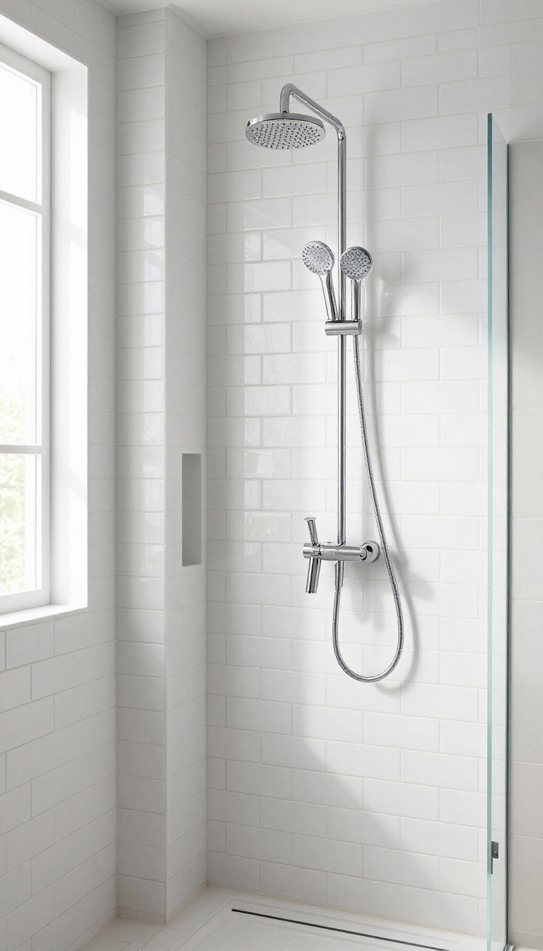 Bright modern shower with vertical stacked white subway tiles running floor to ceiling, making the space feel taller