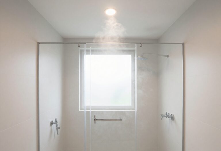 Modern shower with recessed LED ceiling light and steam rising in a clean bathroom